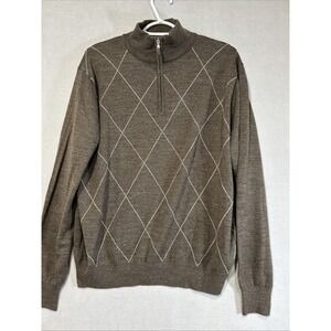 Linea Rosso Mens Merino Wool Blend Sweater Large Argyle Brown‎ Pullover 1/4 Zip